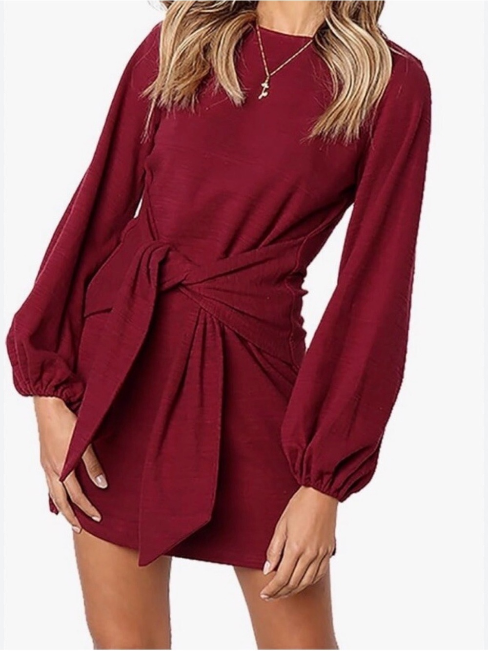 FASHION BRAND. Long Sleeve Mini Dress with Waist Tie - Red